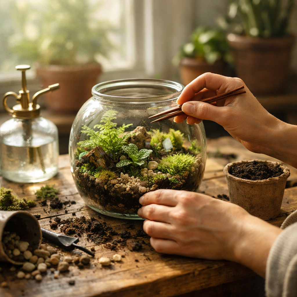 Handcrafting a terrarium in warm sunlight
